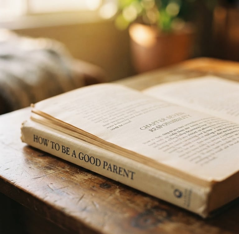 Close-up, warm documentary photograph of the 'How to Be a Good Parent' book, open to a chapter on responsibility, in soft natural daylight, shallow depth of field.