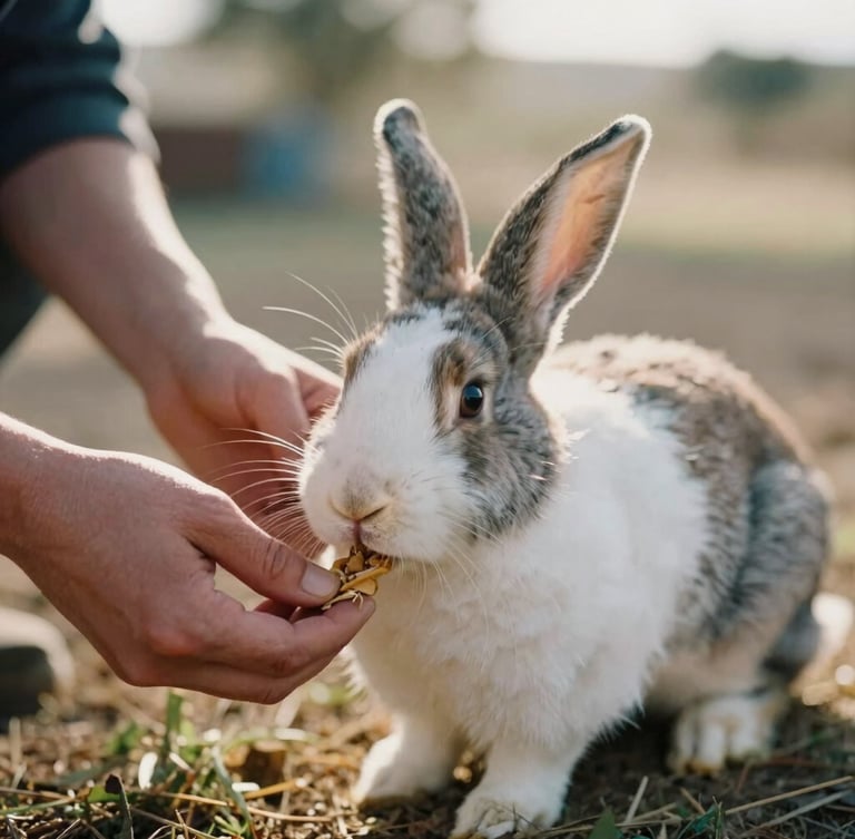 Close-up of a volunteer gently feeding a rescued rabbit at the Santa Clarita ranch, hands visible, warm natural light, shallow depth of field, 35mm film.