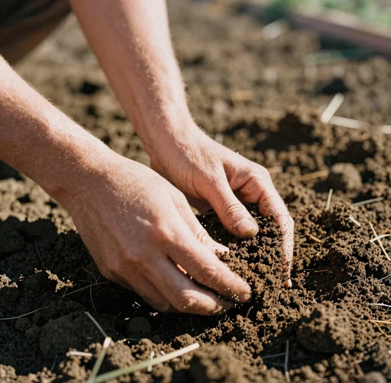 Hands sifting rich, dark soil mixed with natural fertilizer, sun-dappled, close-up, warm natural light, shallow depth of field, 35mm film.