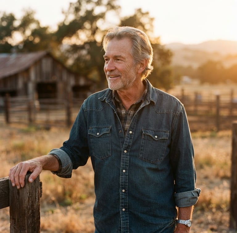 Authentic, unposed portrait of Tom Scott Snyder, warm golden-hour light, shallow depth of field, ranch setting, slightly smiling, looking off-camera