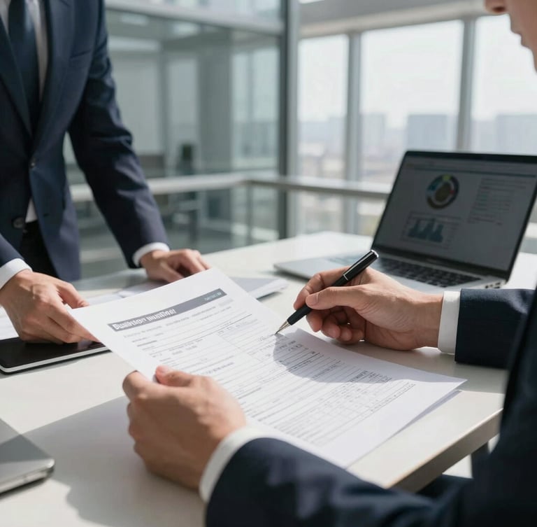 Hands reviewing high-end business plans and financial spreadsheets in a sunlit architectural office, sharp focus, professional atmosphere, 35mm