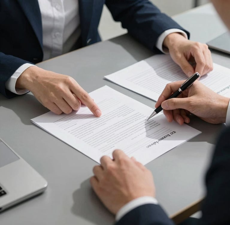 Close-up of hands reviewing high-end business plans on a slate gray desk, crisp daylight with sharp shadows, modern corporate photography
