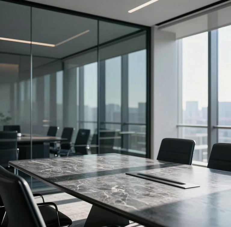 Sleek, modern glass-walled conference room with sharp morning shadows, a polished slate table reflecting soft daylight, professional architectural depth, 35mm editorial corporate photography
