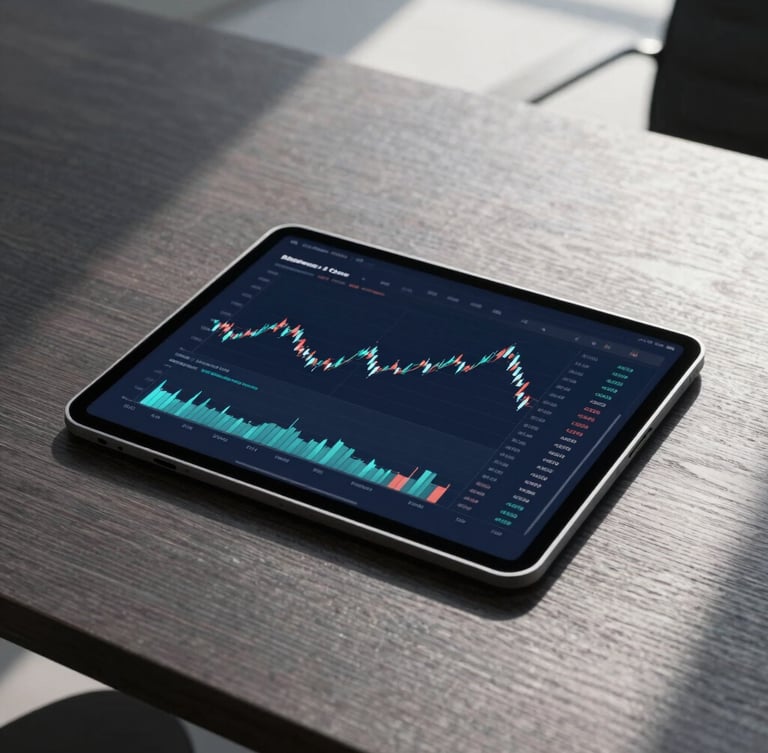 Sleek modern tablet displaying clean financial charts on a dark wood desk, sharp shadows, crisp daylight, corporate aesthetic, 35mm