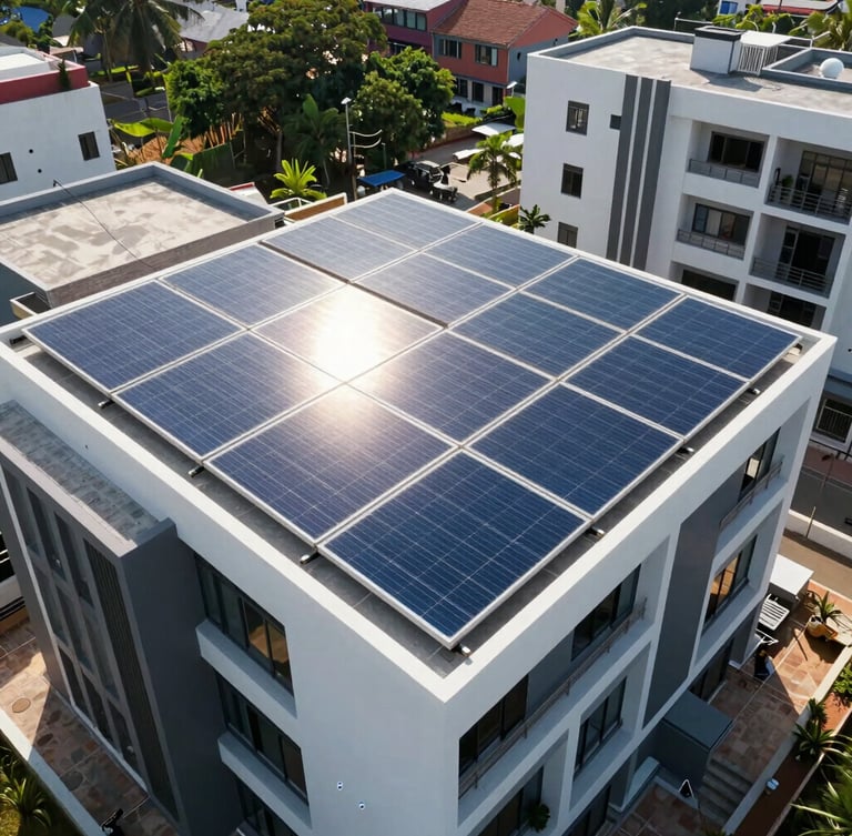 Wide-angle drone shot of a modern residential rooftop in Mysuru with sleek monocrystalline solar panels reflecting bright midday Karnataka sunshine, clean architectural lines.