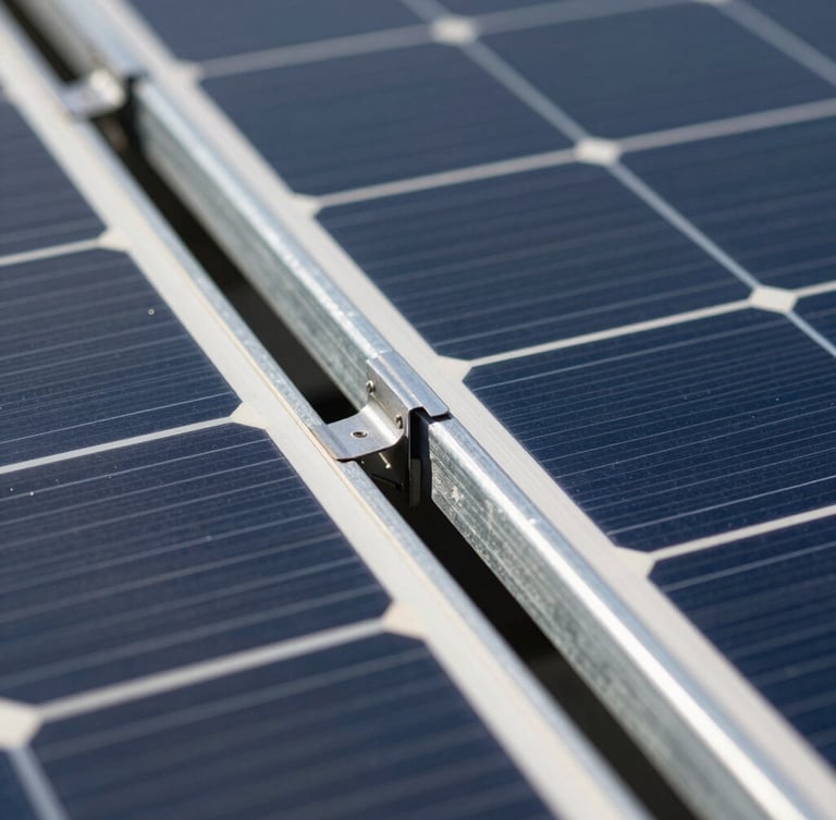 Close-up of high-grade monocrystalline solar panel textures with robust galvanized iron mounting structures under bright direct Mysuru sunlight.
