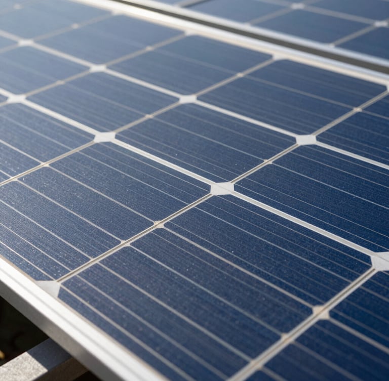 Close-up technical shot of monocrystalline half-cut solar panel cells under direct, intense midday sunlight, showcasing the precise metallic grid lines and dark blue silicon texture.