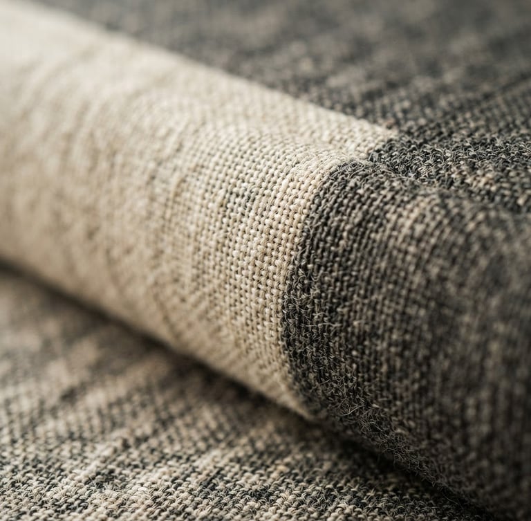 Macro photograph of a linen-bound book spine, soft north-facing window light, visible fabric texture, warm cream and deep charcoal tones, shallow depth of field