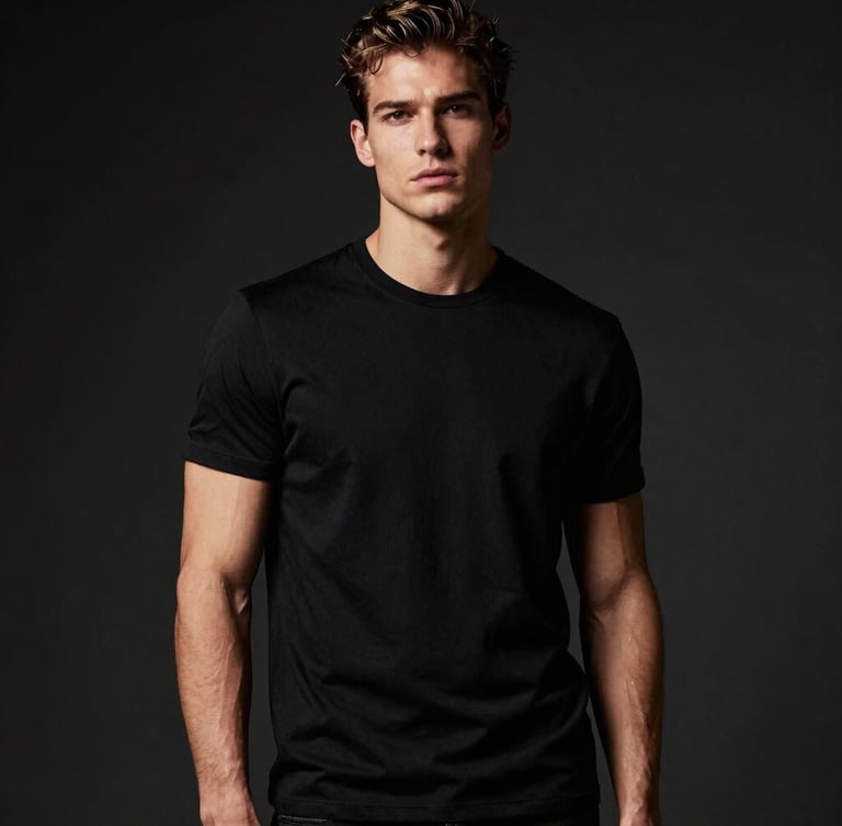 masculine editorial fashion photography, high-contrast studio lighting, deep blacks with subtle gold highlights, sharp focus, 85mm lens. A model with confident, relaxed posture wearing a premium black t-shirt.