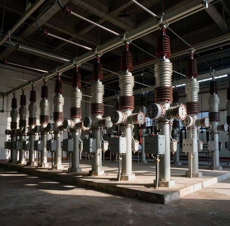 Wide-angle architectural shot of a complex electrical substation, clean cable trays running along the ceiling, dramatic high-contrast side lighting, industrial environment