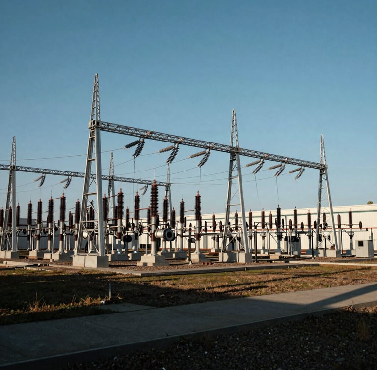 Wide-angle architectural shot of a massive electrical substation, high-contrast shadows, natural daylight highlighting complex metallic structures and cable trays.