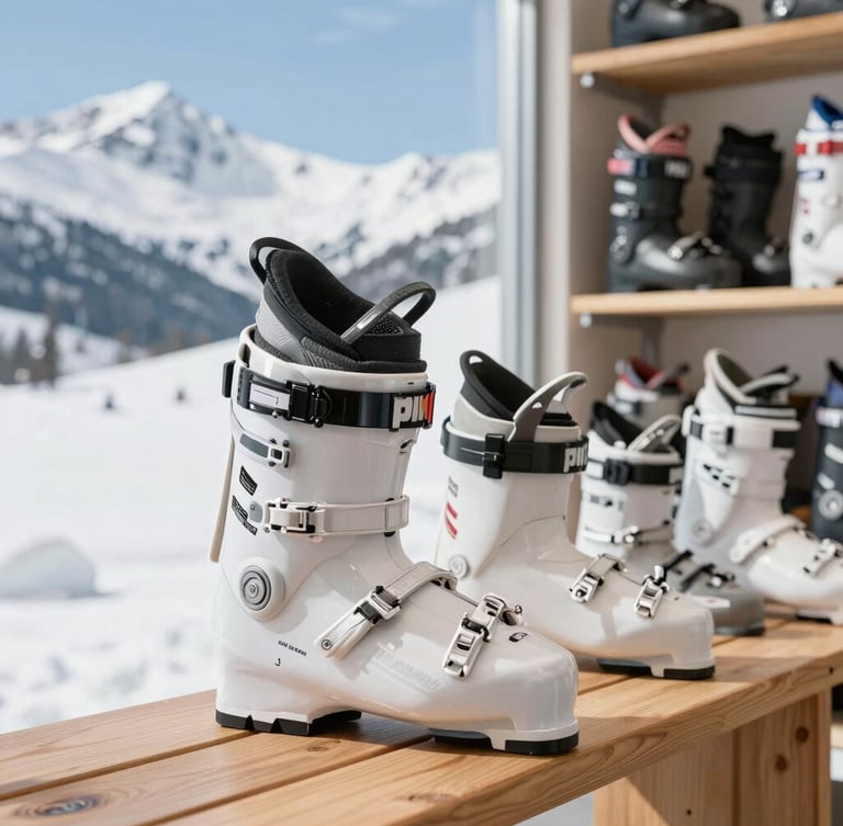 Bright high-key alpine daylight, family fitting ski boots in a local Jindabyne shop, wooden benches, warm winter gear, 35mm lens