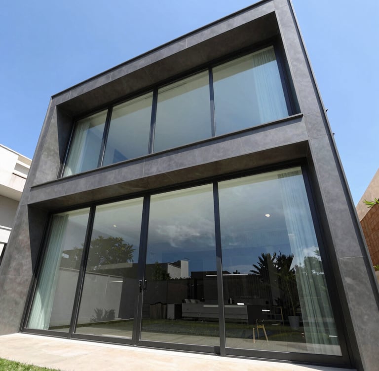 Low-angle architectural photograph of a modern luxury residence facade in Goiânia, expansive floor-to-ceiling glass sliding doors with slim dark aluminum frames reflecting a clear blue sky, bright daylight.