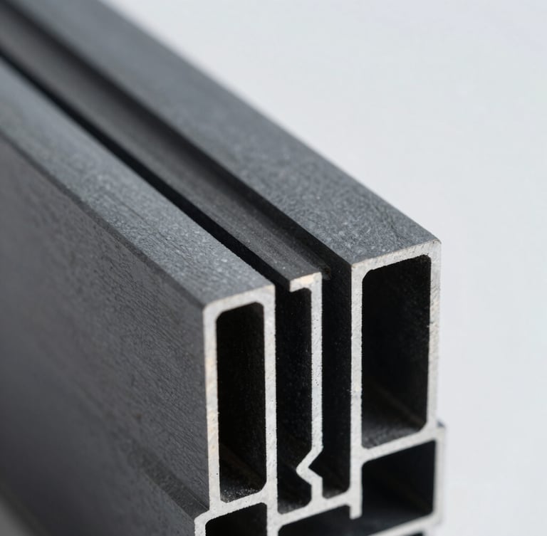 Extreme macro close-up of a seamless architectural aluminum profile joint, sharp metallic textures, dark slate gray finish, bright natural daylight highlighting precise engineering cuts, shallow depth of field.