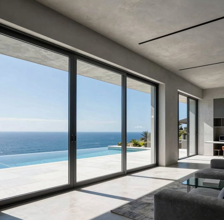 Architectural photography of a modern luxury living room with giant minimalist sliding glass doors open to a pool deck, bright natural daylight, sharp metallic textures, deep blue and cool gray tones, ultra-wide angle lens.