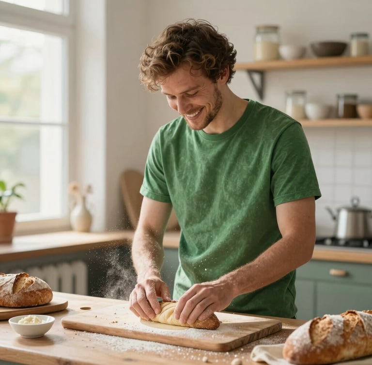 Plan moyen chaleureux d'un boulanger souriant façonnant une pâte dans son fournil, lumière naturelle dorée du matin, farine en mouvement, atmosphère authentique et artisanale, style photographie éditoriale.
