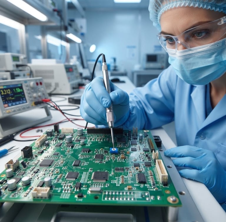 Macro shot of a professional biomedical engineer in a clean clinical lab calibrating a complex green circuit board with micro-components, soft clinical white and surgical blue lighting, 50mm lens