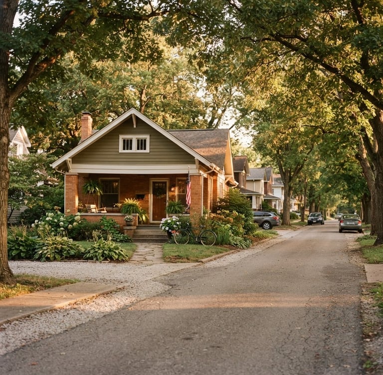 Warm natural light illuminating a modest, well-kept Indiana residential street with mature trees and a cozy family home, 35mm photography