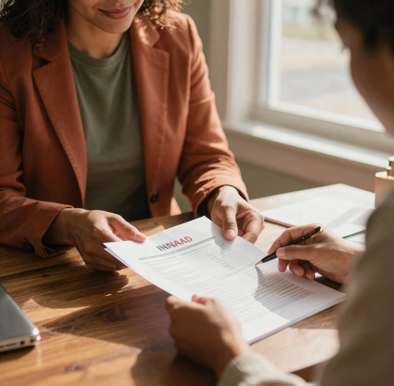 A warm, close-up shot of an Indiana housing counselor and a resident reviewing financial documents together in a sunlit office, soft window light, focus on hands and paperwork