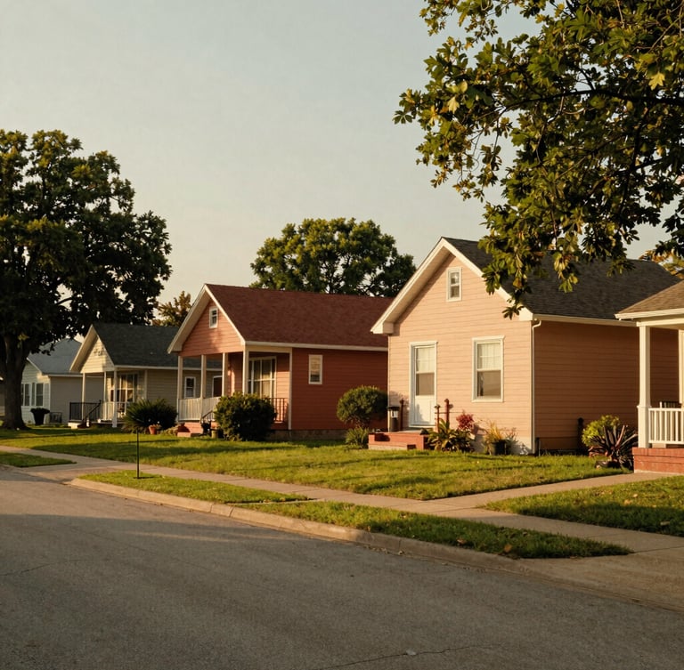 A warm, sun-drenched street in an Indiana neighborhood with modest, well-kept houses, green lawns, and mature trees, captured in soft golden-hour light.