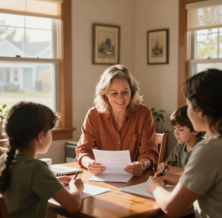An Indiana housing counselor meeting with a local family in a warm, sun-drenched office, reviewing paperwork together with a compassionate smile.