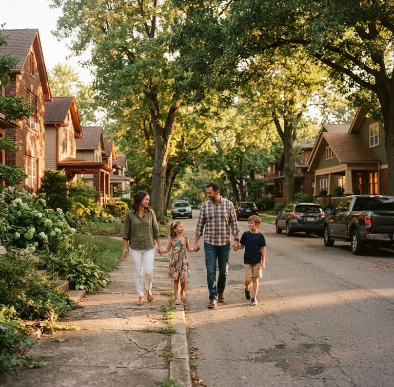 A warm, sunlit residential street in a modest Indiana neighborhood with mature trees and a family walking together, golden hour natural light, 35mm editorial photography.