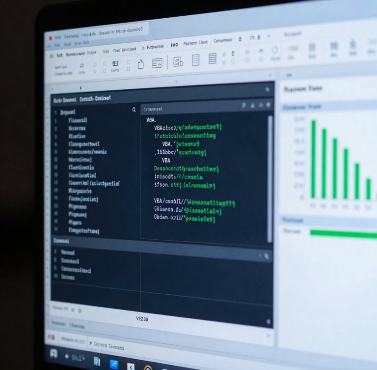 Macro close-up of a dark-themed computer screen displaying a clean Excel spreadsheet with custom VBA code panels and green data charts, cool studio lighting, deep slate tones.