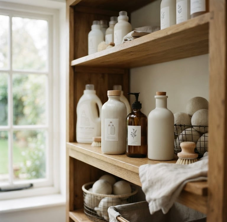 Beautifully packaged laundry bottles on wooden shelves, soft morning window light, muted natural tones, shallow depth of field, 35mm