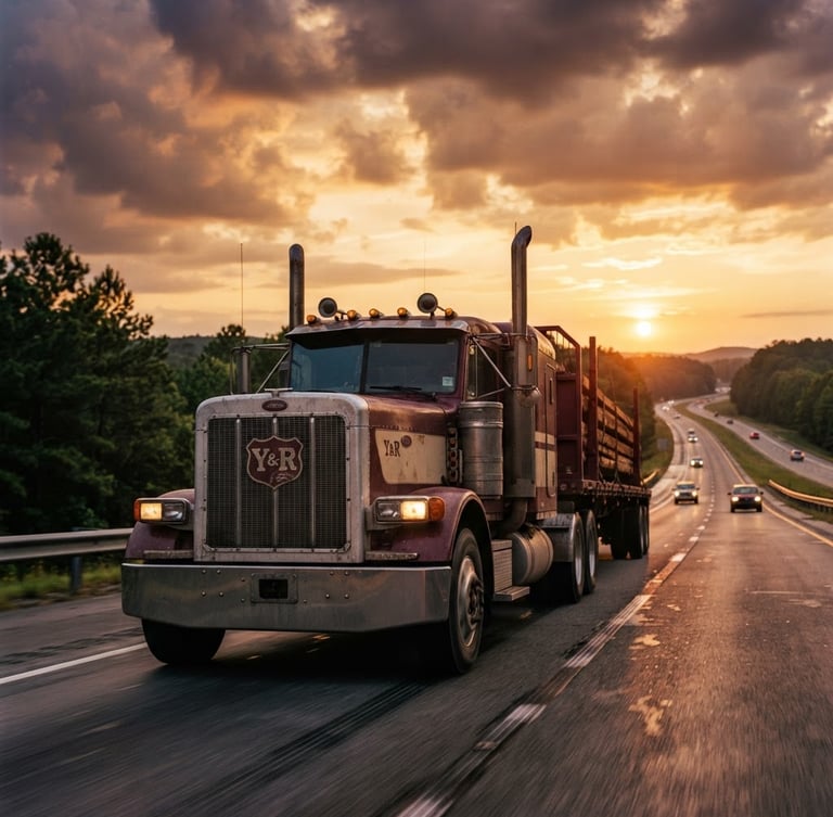Low-angle heroic shot of a heavy-duty Y & R semi-truck on a South Carolina highway at golden hour, dramatic sky, 35mm cinematic photography