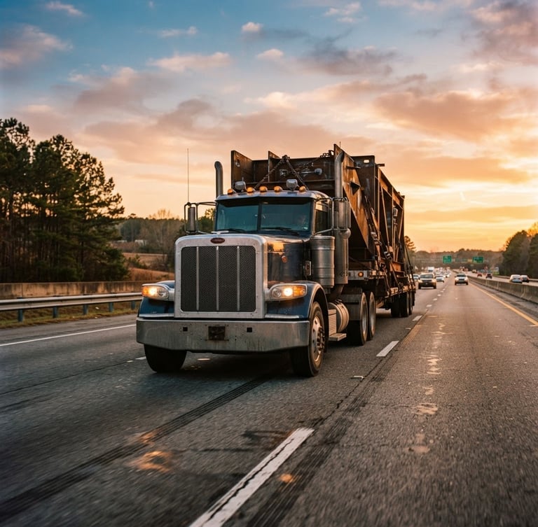 Low-angle cinematic shot of a Y & R flatbed truck hauling heavy cargo on a South Carolina highway during golden hour, rich industrial tones, 35mm