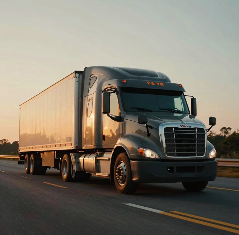 Low-angle gritty cinematic photograph of a modern Y & R semi-truck driving on a South Carolina highway during sunrise, rich industrial tones, 35mm