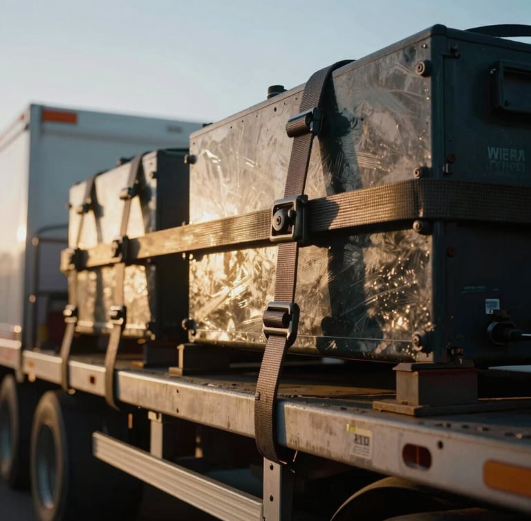 Tight close-up of heavy-duty steel rigging and tension straps securing industrial cargo on a flatbed trailer, crisp morning light glinting off metal, 35mm.