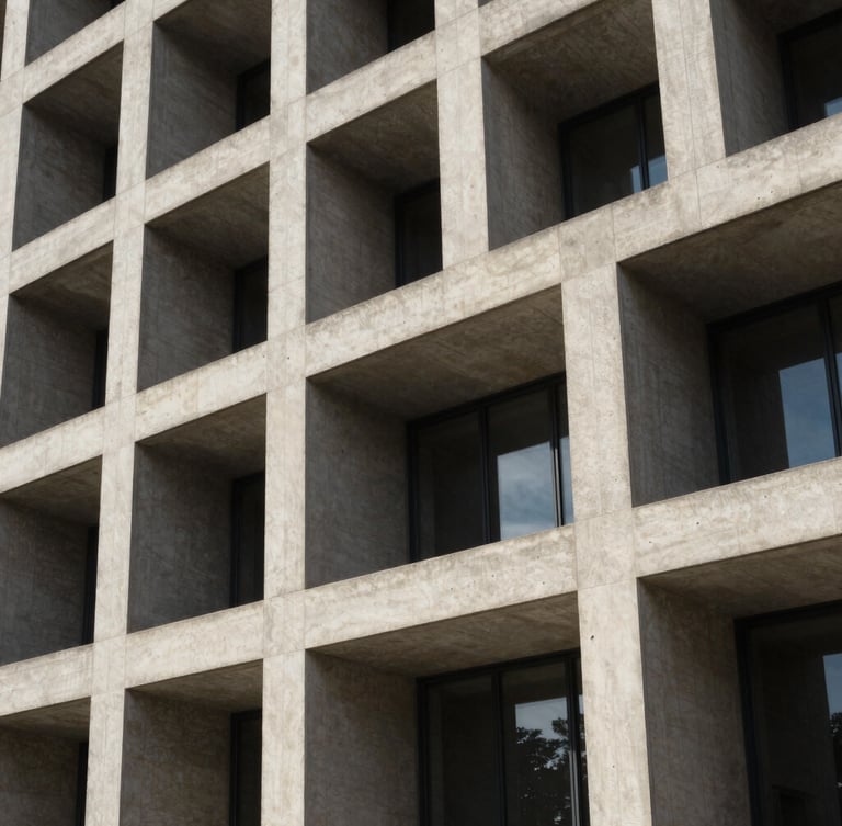 Architectural detail of a modern court building facade, sharp geometric concrete lines and deep shadows under bright, directional natural light.