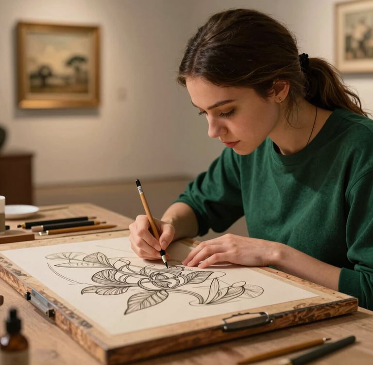 فنانة شابة ترسم بدقة تفاصيل هندسية معقدة على لوح خشبي، إضاءة درامية تسلط الضوء على يديها وأدواتها، خلفية معمارية هادئة، ألوان ترابية وتركيز حاد.