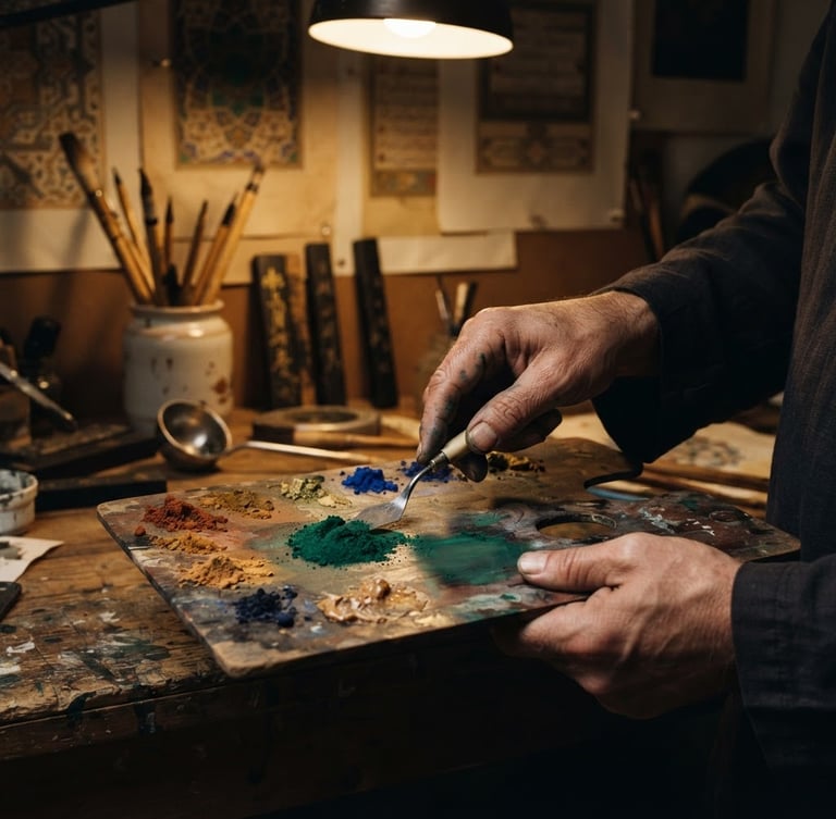 Close-up of an artist's hands meticulously preparing traditional pigments on a wooden palette, with calligraphic tools and geometric patterns subtly visible in the background, under dramatic gallery spotlighting, sharp focus, 35mm.