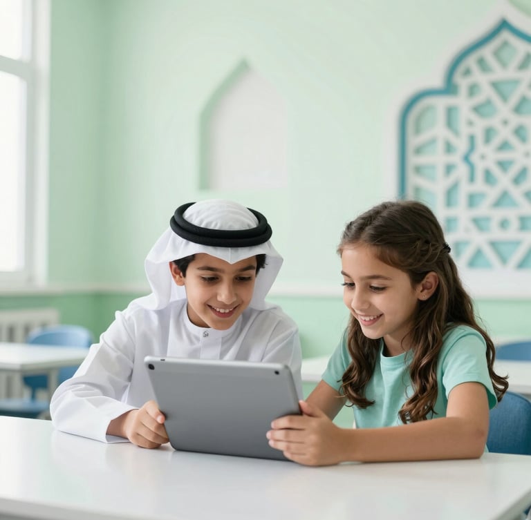 Wide shot of a young Arab boy and girl smiling and collaborating on a tablet in a bright, modern classroom, geometric Islamic patterns subtly integrated into the background decor, natural daylight, soft green and blue tones, shallow depth of field.