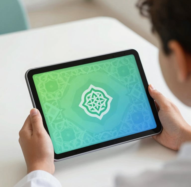 Close-up of a young Saudi student's hands holding a modern tablet displaying an interactive Quran memorization challenge, geometric Islamic pattern background, soft daylight, green and blue tones.