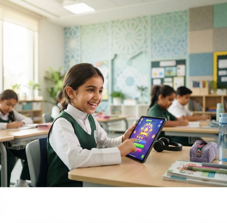 Wide panoramic of a young Saudi student joyfully interacting with a tablet showing a gamified quiz, bright modern classroom, natural daylight, soft green and blue tones, geometric Islamic patterns in the background.