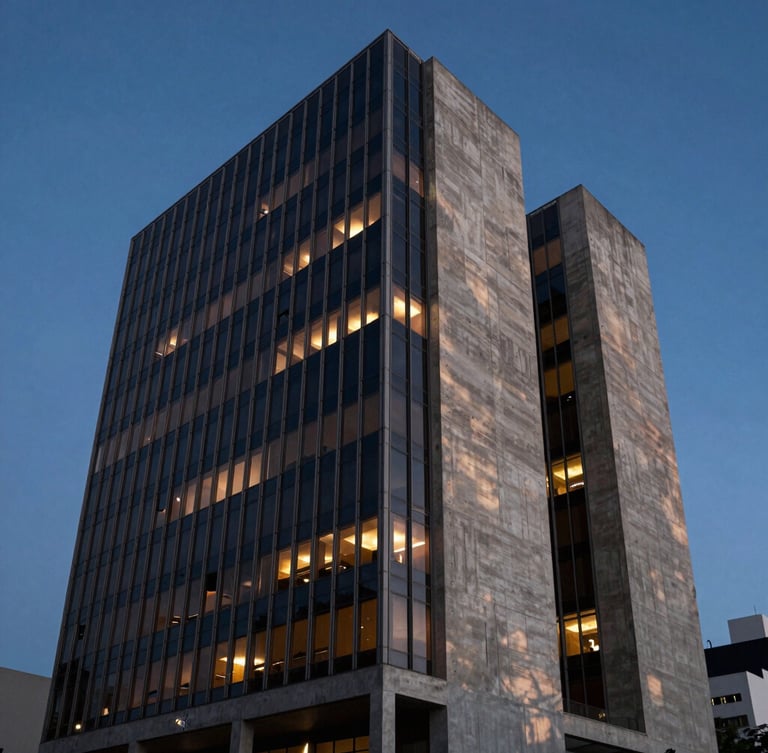 Dramatic low-key architectural photography of a modern concrete and glass corporate headquarters in São Paulo at blue hour, sharp shadows, copper interior light glowing through windows, 35mm lens
