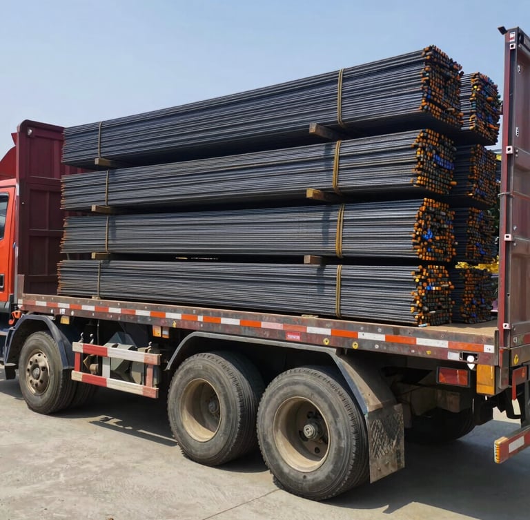 A large flatbed delivery truck being loaded with neat heavy bundles of steel rebar in a bright outdoor materials yard, daylight, industrial photography, 50mm