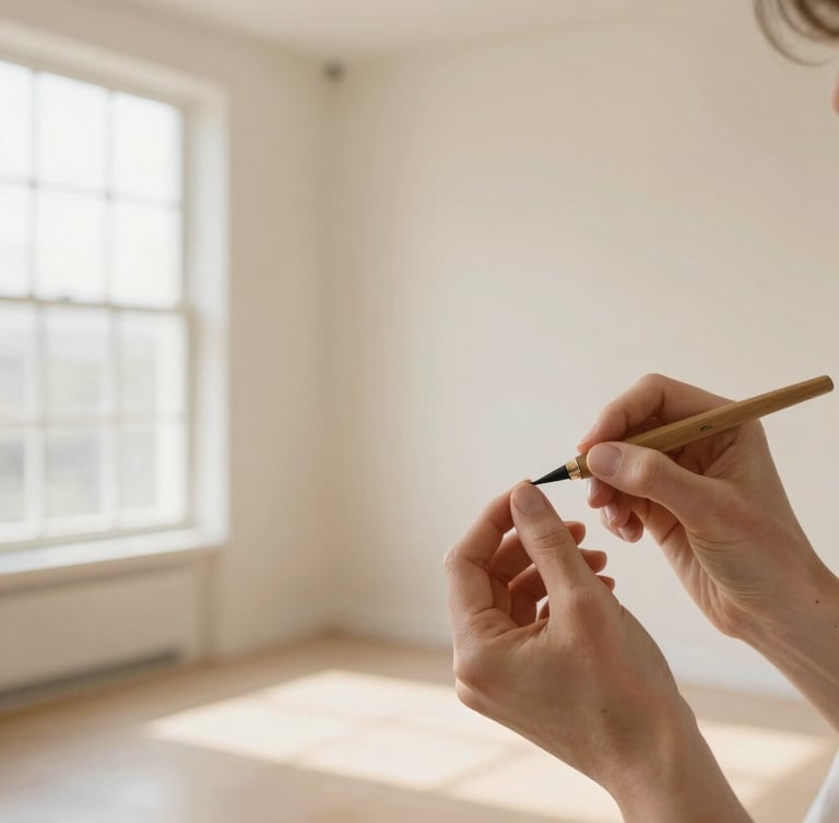 Wide environmental shot of a clean, sunlit Nampa studio interior, focusing on an artist's hands meticulously painting a nail, soft natural window light, warm cream tones, shallow depth of field.
