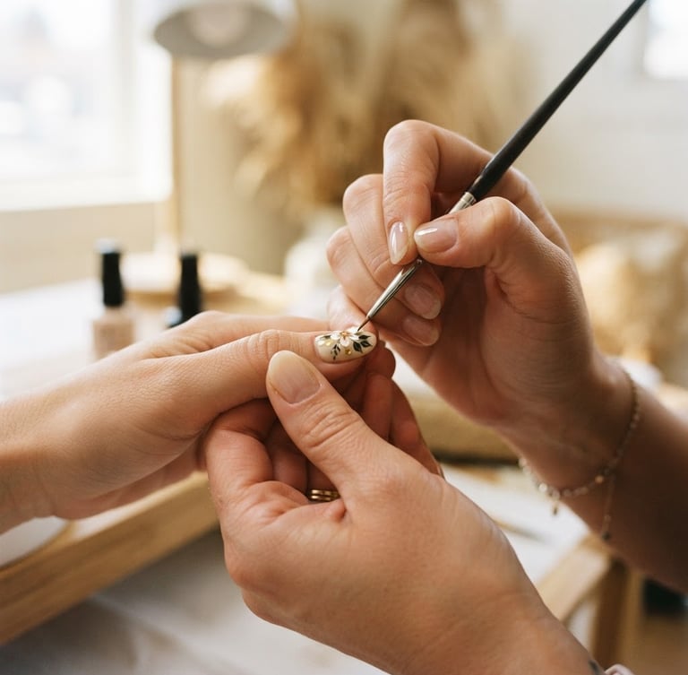 Macro close-up of a nail artist's hands meticulously applying a delicate, hand-painted design onto a client's nail, soft natural window light illuminating the precise work, sunlit Nampa studio in the background, warm cream tones, shallow depth of field, 35mm