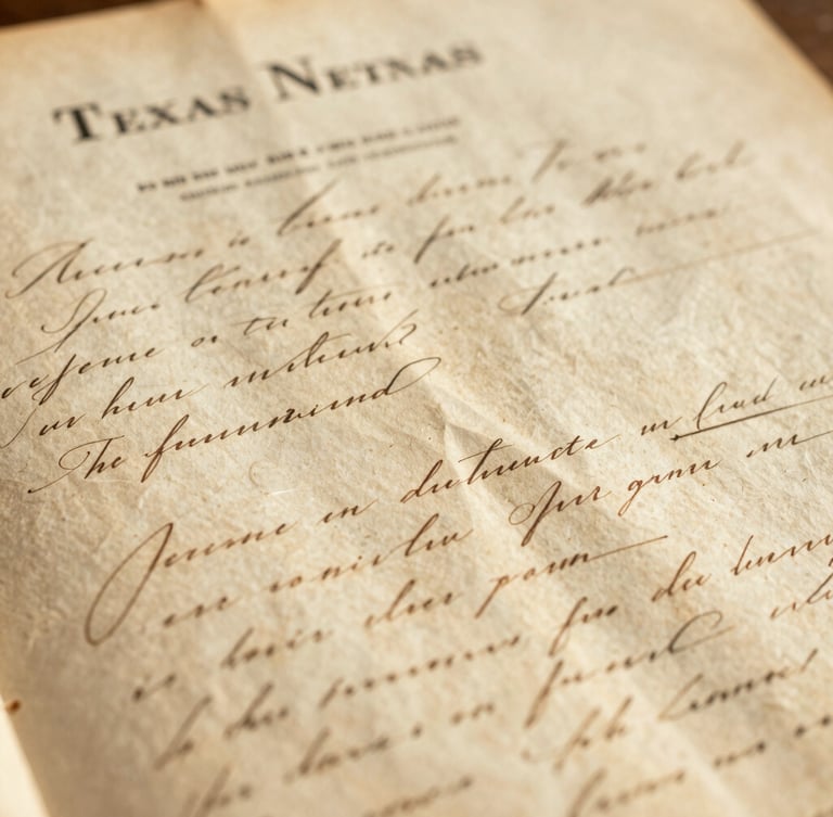 Extreme close-up of a weathered historical Texas land deed from the late nineteenth century, elegant cursive ink on yellowed parchment, warm natural side-light.