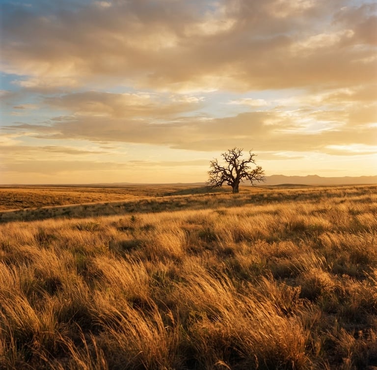 Wide panoramic view of the Texas landscape near Houston at golden hour, native grasses and a weathered oak tree beneath an open sky.