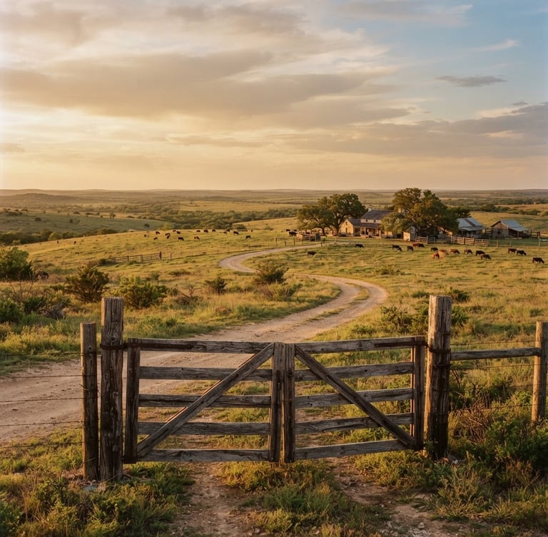 Wide environmental landscape of a historic Texas ranch at golden hour, weathered wooden ranch gates in the foreground, expansive soft sky, warm tobacco tones.
