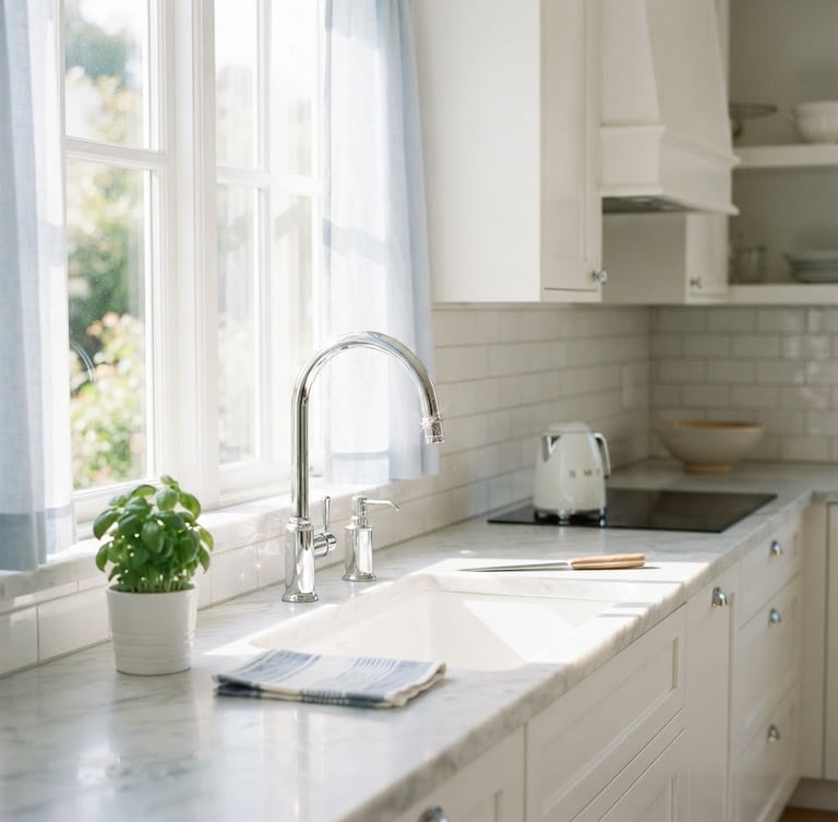 Bright high-key interior photography of a spotless modern kitchen with sunlight streaming through a window, reflecting off polished chrome fixtures.