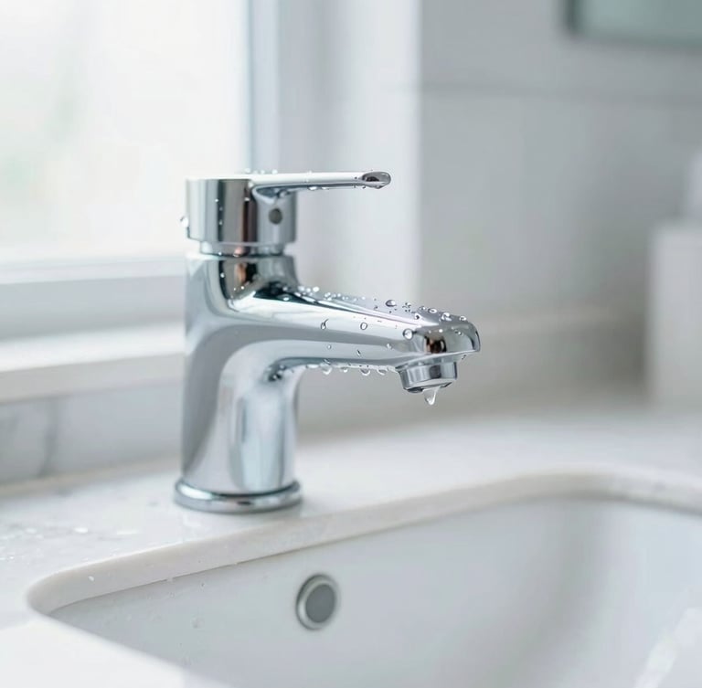 Close-up of a sparkling clean chrome tap with water droplets, bright sunlit white marble bathroom counter, soft natural light, shallow depth of field, crisp clean whites and soft blues