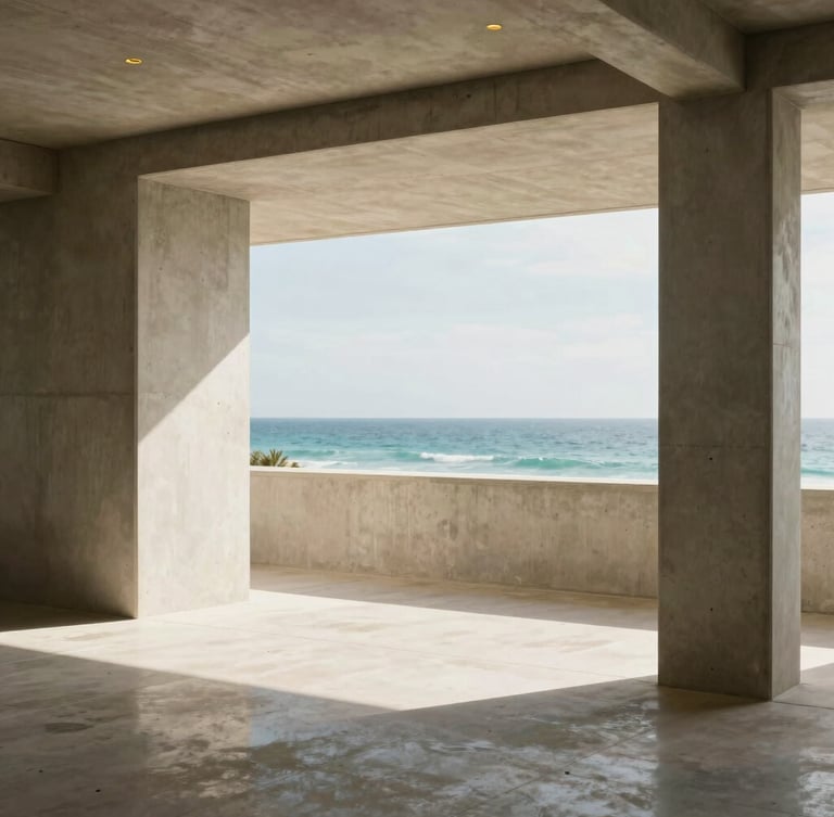 Warm editorial photography of a modern, sun-drenched architectural interior in Sunny Isles Beach, clean concrete lines, soft ocean light reflecting on polished surfaces, 35mm.