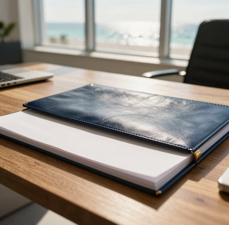 Close-up of high-quality leather and heavy paper on a solid oak desk inside a sun-drenched modern office in Sunny Isles, soft window light, warm golden-hour tones, 35mm