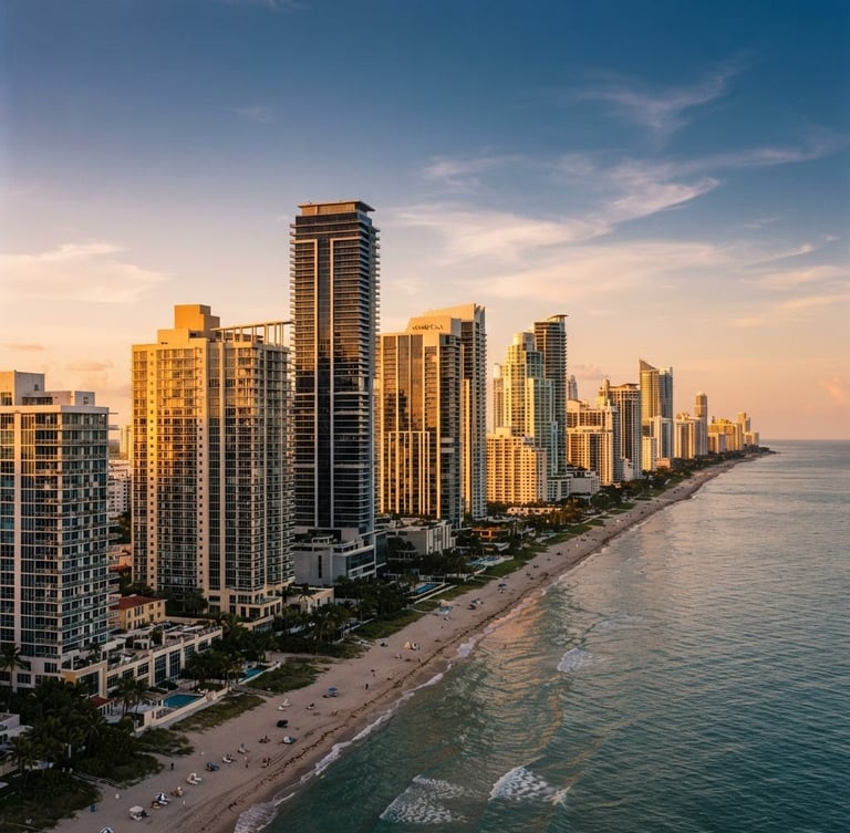 An architectural wide shot of Sunny Isles Beach skyline against a soft golden-hour sky, sun-drenched modern coastal high-rises, elegant editorial feel, shallow depth of field, 35mm